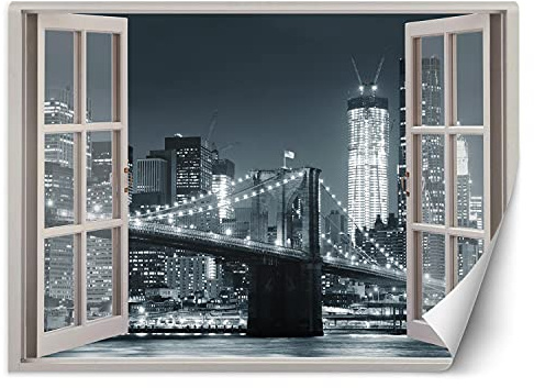 Feeby Papier Peint Intisse Pont De Brooklyn 140x100 cm noir et blanc Moderne Panoramique XXL Photo Mural Muraux Chambre Bureau Salle Manhattan La Nuit Vue De La Fenêtre