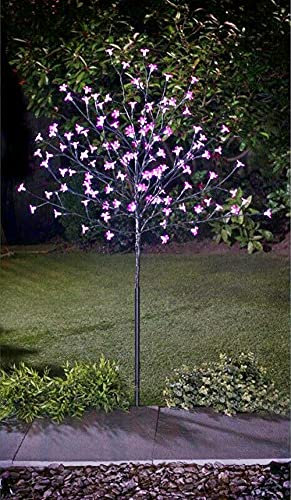 FIZPORIUM 128 LED Solar Powered Blossom Tree Garden Outdoor Auto Dusk On Bright Pink Dual Function - Static or Flashing Mode 4FT - Pink