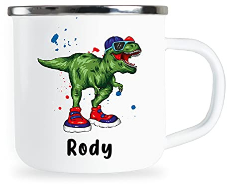 Sambosa Rody Personalisierte Kindertasse mit Name und lustigem Dinosaurier Motiv Emaille Tasse individuelle Geschenke Kind Geburtstag Junge Mädchen Metallbecher Emailletasse Geschenkidee