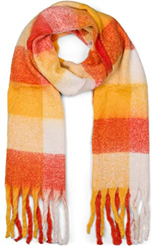 styleBREAKER Bufanda de punto tejida para mujeres con coloridos cuadros y largos y gruesos flecos, cálido invierno, robada 01017138, color:Rojo-Blanco-Curry