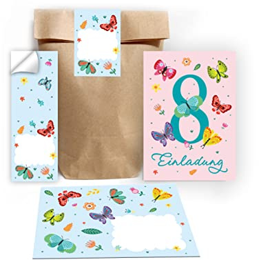 Junapack 12 Einladungskarten zum 8. Kindergeburtstag achte Geburtstag Mädchen Schmetterlinge incl. 12 Umschläge, 12 Tüten/natur, 12 Aufkleber