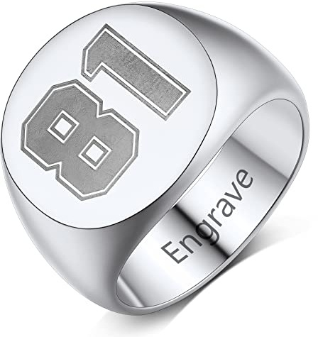 Custom4U Grande Bague Homme Numéro Personnalisée Chevalière Personnalisable Acier Inoxydable Anneau Signet Rond Sceau Taille 67 Bijoux Motard Biker Punk Cadeau pour Père