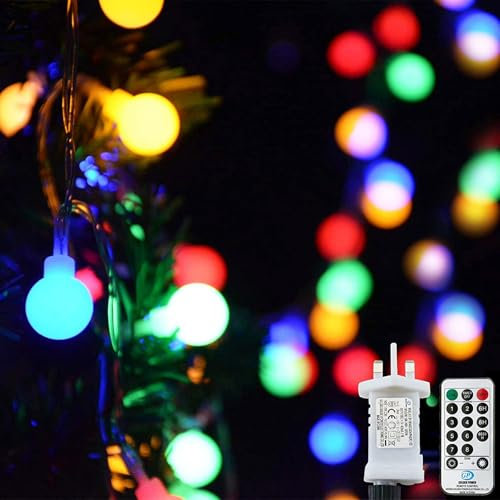 Globe String Lights Mains Powered, 12M/39ft 120LED Fairy Lights Plug in Waterproof, 8 Modes Outdoor Lights for Patio, Bedroom, Party, Festival,Christmas Decorations (Multi-Coloured)