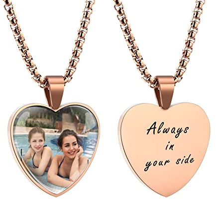 MeMeDIY Collana con Ciondolo con Foto Personalizzata Collana Commemorativa con Testo Personalizzato con Foto Regalo Personalizzato per Donna Uomo (Oro rosa & Foto+Testo)