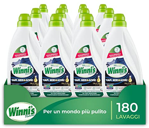 Winni's - Detersivo Liquido Bivalente per Capi Neri e Scuri con Olio di Argan, Ipoallergenico, 180 Lavaggi, Lavaggio a Mano e in Lavatrice, 750 ml x 12 Confezioni
