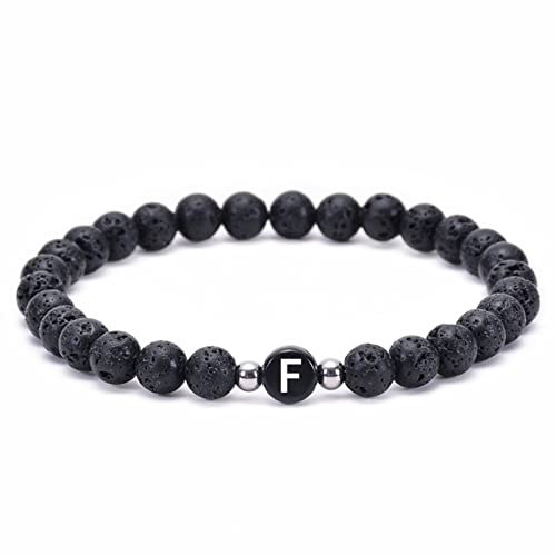 Lava Armband Damen, Kette Armband Herren Schwarz Legierung Elastische Perlen mit Buchstabe F Perlenarmbänder Geschenk Beste Freundin 17cmx6mm