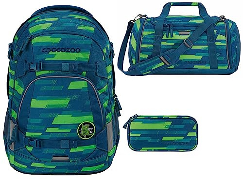 coocazoo MATE Schulrucksack-Set 3tlg inkl. Sporttasche und Schlamperbox (Lime Stripe)
