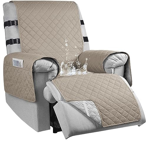 RAPRAP 100% Wasserdicht Sesselschoner für Relaxsessel, rutschfest Sesselauflage mit Taschen für Hunde Kindern, Sesselschoner für Fernsehsessel mit 2 Verstellbaren Riemen, Sesselbezug, Taupe, S