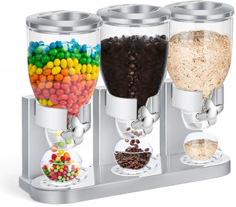 Umigy 1 Pack Triple Indispensable Dry Food Dispenser 67oz Each Capacity Cereal Container for Storage Preserving Dispensing Kitchen Rice Candy Nuts Dog Food Granola Snack Gumball Countertop (Silver)