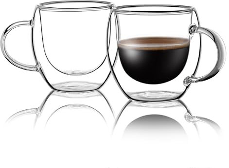 Stylusella Juego de tazas de espresso (2 unidades de 2.5 onzas/80 ml), tazas de espresso de vidrio de borosilicato de doble pared con asas, ideal para un pequeño chupito de espresso, SSE-114-15