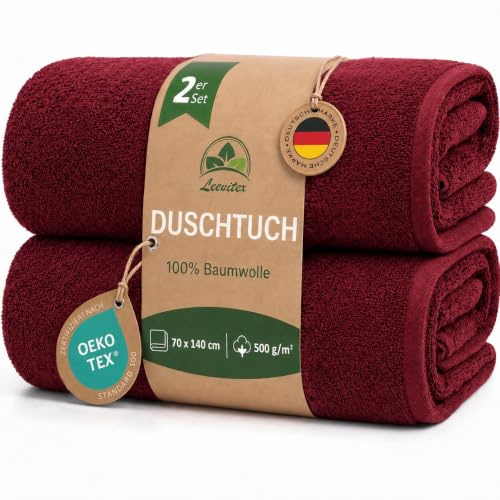 leevitex Duschtücher 2er Set 70 x 140 cm aus 100% Baumwolle, Frottee, 500 g/m², weich und saugstark, Bordeaux
