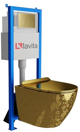 Lavita LAV 101 Sofi Slim Gold Eye Élément mural pour WC 40 cm + évier mural suspendu sans bord + panneau de commande LAV 200.4.5 Gold | Kit complet | Réservoir de chasse encastré | WC complet