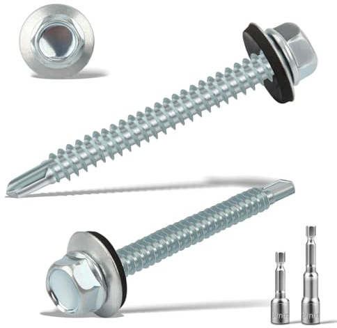 110 Pcs Vis Autoperforante 5.5x50MM Pour Metal Bac Acier Toiture - Auto-Taraudeuses Avec 2 Douilles Hexagonales - Tête Hexagonale Avec Rondelle D'étanchéIté - Galvanisées, Argenté