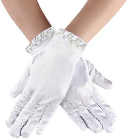 AWOCAN Kurze Satinhandschuhe Handgelenk Länge Handschuhe Braut Floral Spitze Handschuhe Frauen Kleid Handschuhe Oper Hochzeit Bankett Kleid Handschuh für Hochzeit Oper Abendessen Partei (WEISS-1)