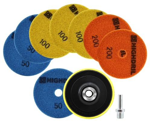 HIGHDRIL Disque de Polissage Diamant Set 10 Pièces - 100mm Sec Diamant Polissage Pads (Grain #50x3/100x3/200x2) + M14 Support Plastique + Adaptateur pour Marbre Granite Pierre Béton