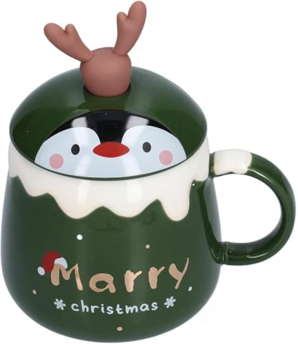 MAGICVOGEL Süße Weihnachtstasse mit 3D Hirschhorn 450ml Keramik Kaffeebecher weihnachtlichem Design Kaffeetasse mit Rührlöffel Geschenk für Familie & Kollegen (Grün- Marry Christmas)