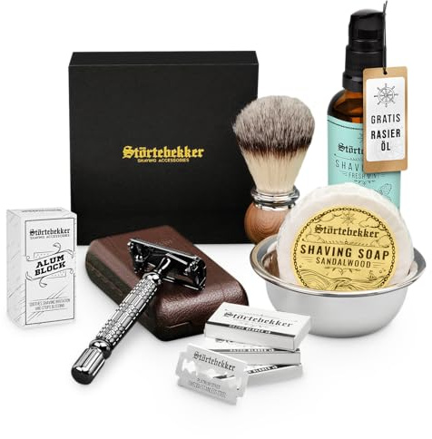Störtebekker® Premium Clean Shaving Set - Rasierhobel inkl. Lederetui & 10 Klingen, Rasierpinsel, Rasierseife Sandelholz, Rasierschale, Alaunstein und GRATIS Rasieröl - Rasierset (Schwarz - Café)