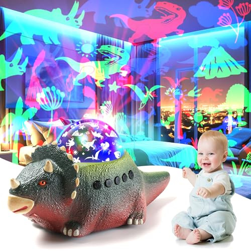 Longzhuo Lampada Dinosauro,Luce notturna a proiezione,Luce notturna Dinosauro,Lampada di Dinosauro rotante a 360°, 6 colori, 12 musica, adatta come regalo di compleanno,regalo di Natale