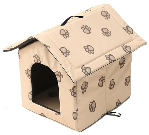 Katzenhaus Outdoor, Katzenhöhle für Draußen, Katzenhaus Für Draußen Winterfest Wasserdicht, Kombiniert isolierte Aluminiumfolie Mit abnehmbarem Transparentem Vorhang (L, Beige)