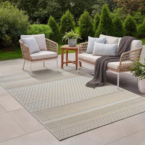 the carpet Calgary - Outdoor Teppich Wetterfest für Balkon & Terrasse, Robuster Flachgewebe Teppich für Garten, Pflegeleicht In- & Outdoor, Boho Vintage Design, Beige Gelb, 120 x 160 cm