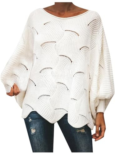 Pull femme chic et elegant soiree casual pull fin manche longue col bateau tricot torsade maille pullover oversize grande taille volants mode chandail crochet décontracté ideal tops (White, L)