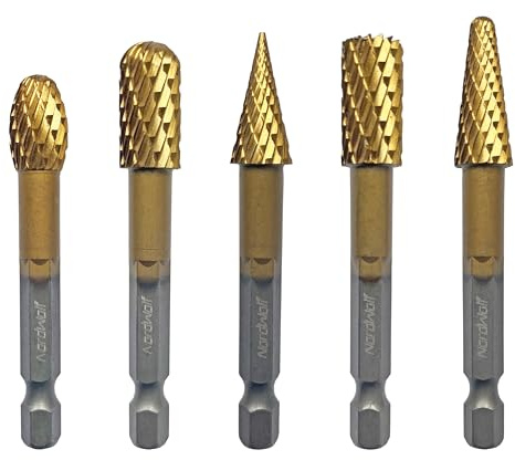NordWolf 5-Piece Rotary Burr Carving Rasp Files Set, with 1/4 Hex Shank for Metal, Soft Metal, Wood & Plastic Deburring, Shaping, Grooving, Polishing and Grinding