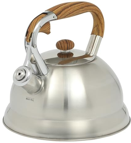 Mr. Coffee Woodmont 2-Quart Stainless Steel Tea Kettle With Wood Handle, Stovetop Whistling Kettle, Durable Fast-Boil Tea Pot