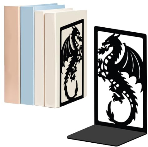 WADORN Drache Für Regale Dekorativ 1 Paar, Drachenmuster rutschfeste Robuste Buchstützen Buchhalter Aus Metall Schwarzer L Förmiger Buchstopper Für Bibliothek Home Office Schreibtisch
