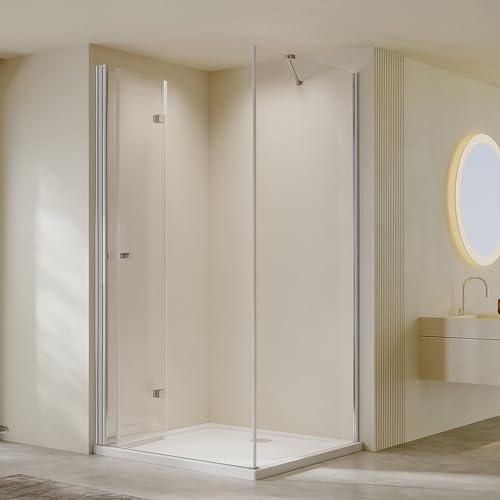 AmuseVera 90x90 cm Duschkabine Falttür mit Seitenwand Eckeinstieg Dusche mit Stabilisierungsstangen Rahmenlos Duschabtrennung Eckdusche aus 6mm ESG Sicherheitsglas, Höhe 185 cm