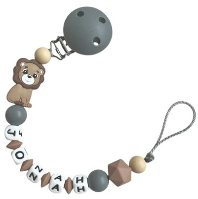 Generisch Personalisiertes Baby Geschenk Junge Halter Kette mit Namen Silikon grau braun Löwe