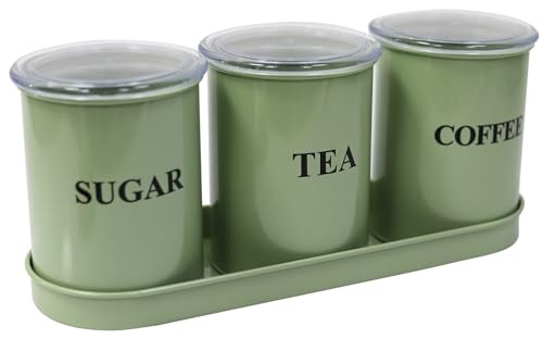 ZoeQide Lot de 3 boîtes de conservation de cuisine en métal - Boîte à café hermétique, boîte à thé, sucrier avec couvercle - Boîtes de rangement vert armée avec plateau, design rétro vintage pour