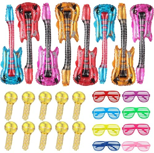24PCS Photo Booth Props Inflatable Party Props with 8 Inflatable Guitar, 10 Inflatable Microphone, 6 Glasses, Fun Musical Instruments for Kids Adult Birthday, 80s 90s Themed Carnival Disco Rock Party