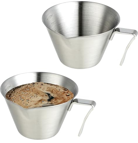 ISHEWUDU - 2 tazzine da caffè in acciaio inox con manico, misurino a doppio beccuccio con doppia scala e bocca a forma di V, bicchierini da shot in metallo da 100 ml (argento)