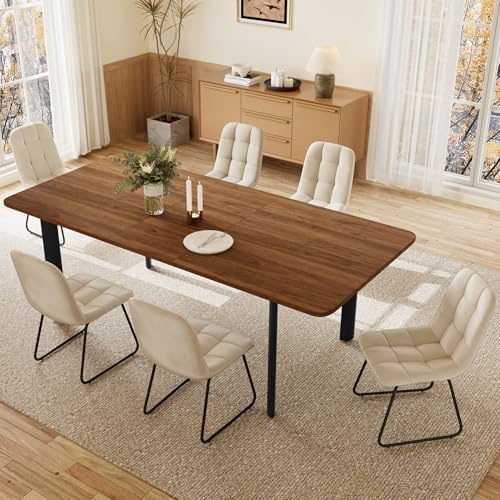 JIEXI Essgruppe Tisch Ausziehbar mit 4-8 Stühlen, 160-200cm Walnuss + 6 beige Stühle - B
