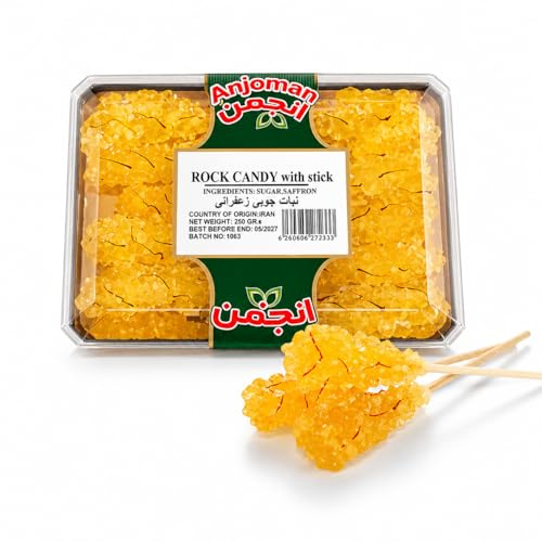 Anjoman Saffron Rock Candy (Nabat) – Crystal Sugar Sticks Infused with Saffron for Tea & Hot Drinks – 250g Pack – Pack of 1