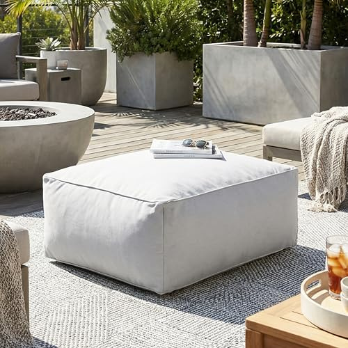 Merax Outdoor Patio Bean Bag Ottoman, All-Weather Olefin Modular Footstool, Shredded Foam Filled, Light Gray