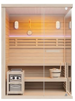 Vente-unique - Sauna finlandais vitré à LEDs avec poêle 4,5KW - 2/3 Places - L150 x P120 x H200 cm - SELKI