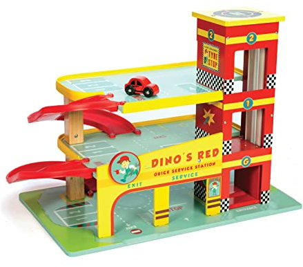Le Toy Van - Iconic Wooden 3 Storey Dino's Toy Garage Toy Car Play Set - Set 7 Pieces , Play Vehicle Role Play Toys - Suitable For 3 Year Old