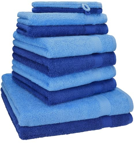 Betz 10-TLG. Handtuch-Set Premium 100% Baumwolle 2 Duschtücher 4 Handtücher 2 Gästetücher 2 Waschhandschuhe Farbe Royal Blau & Hell Blau