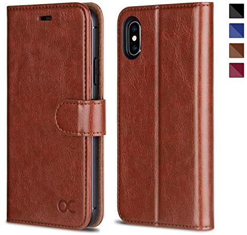 OCASE Kompatibel für iPhone XS Hülle iPhone X iPhone 10 Handyhülle [Premium Leder] [Standfunktion] [Kartenfach] [Magnetverschluss] Schlanke Leder Brieftasche Bruan