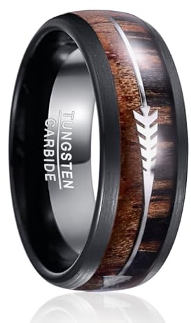 Vakki Ringe Herren, Schwarz, 8mm - Wolfram Ring mit Einlage aus Holz und Pfeil, Kuppelstil, Bequeme Passform Innen, für Hochzeiten, Alltag, Größe 54.4(17.3)-72(22.9)