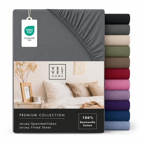 VelvetHome Lenzuolo con Angoli Francese 140x200 cm, 100% Cotone Pettinato, Jersey per Materassi fino a 25 cm, OEKO-TEX Elastico, Traspirante, Morbido, Grigio Scuro