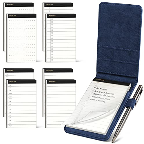 WEMATE 10 pièces Cuir PU Carnet de Poche,Bloc Note,8 Mini Bloc Notes de Poche avec recharges et stylo à bille en métal pour,Petit Carnet de Notes de Poche,pour bureau, école Bleu
