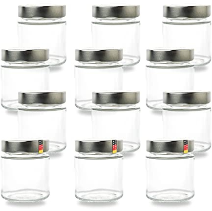 Flaschenbauer - 12x Einmachgläser 154ml - Gewürzgläser mit Deckel TO58 Silber, Schraubgläser, Joghurtgläser, Marmeladengläser, mit Twist-Off-Deckel, für Marmelade, Honig, Gewürze - Made in Germany