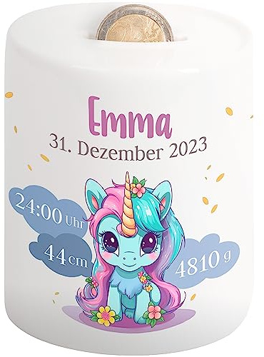 Kinder-Spardose mit Namen & Geburtsdaten personalisiert - Wolken-Motiv - Geldgeschenk für Neugeborenen & Baby - Sparschwein für Mädchen & Jungen - Geschenk zur Geburt, Taufe, Geburtstag (Einhorn)