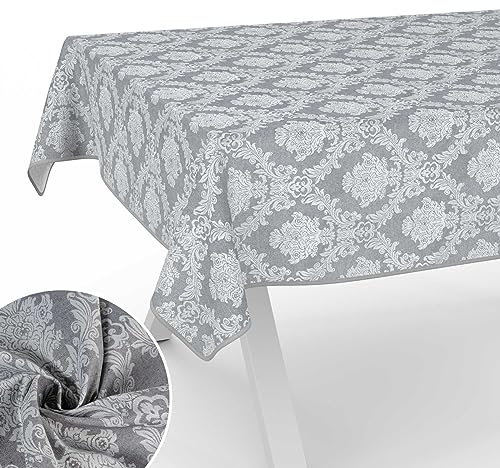 Stoff Tischdecke Textil Tischwäsche Tischtuch Baumwolle Polyester abwaschbar Uni Ornament Damast Jacquard Gewebe waschbar Barock Grau 180x120cm mit Saum (Eingefasst)