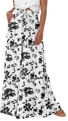 BTFBM Women Casual High Waist Wide Leg Pants 2026 Spring Summer Long Palazzo Pants Pocket Lounge Beach Vacation Clothes(Print Black, Large)