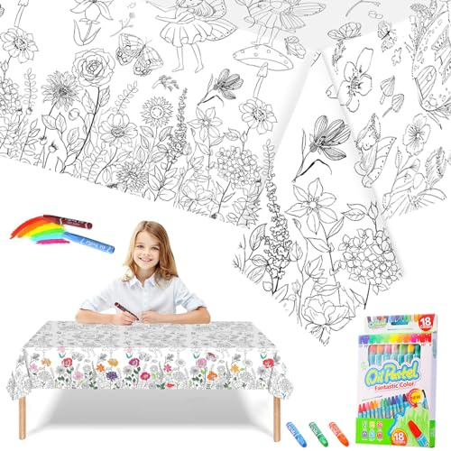 Spring Flower Butterfly Colouring Table Cloths for Kids,Party Tablecloth Colouring Poster with 18 Paint Pen,47x71inch Colour In Table Cloth Drawing Paper Roll Table Cover Colouring Sheet for Kids