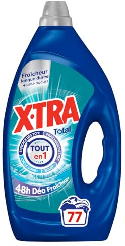 XTRA Total Deo Fraicheur Givre, Lessive Liquide Tout en 1, 48H Anti Odeurs, Fraicheur Intense, Cycle Court, Eclat et Efficace des 20 degres, 77 Lavages