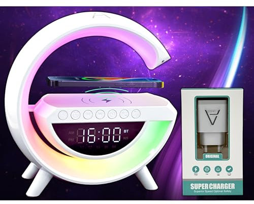 Lámpara de Mesa LED RGB Inteligente 6 en 1 Grande con Forma de G, Altavoz Bluetooth, Radio FM, Reloj Despertador, Cargador Inalámbrico 15W, Lámpara de Luz Nocturna RGB Regulable, Adultos, Niños.